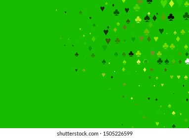 Light Green vector cover with symbols of gamble. Blurred decorative design of hearts, spades, clubs, diamonds. Design for ad, poster, banner of gambling websites.