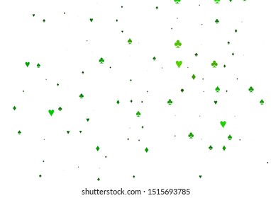 Light Green vector cover with symbols of gamble. Colorful gradient with signs of hearts, spades, clubs, diamonds. Design for ad, poster, banner of gambling websites.