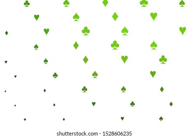 Light Green vector cover with symbols of gamble. Illustration with set of hearts, spades, clubs, diamonds. Template for business cards of casinos.