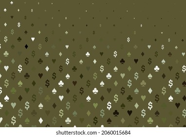 Tapa vectorial verde claro con símbolos de juego. Gradiente colorido con signos de corazones, espadas, palos, diamantes. Plantilla para tarjetas de visita de casinos.