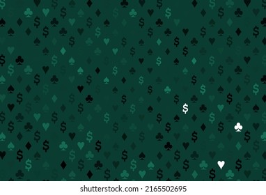 Light green vector cover with symbols of gamble. Blurred decorative design of hearts, spades, clubs, diamonds. Pattern for booklets, leaflets of gambling houses.