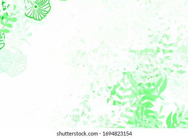 Light Green vector doodle background with leaves, flowers. Sketchy doodles on white background. Textured pattern for websites, banners.