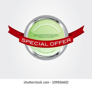 Light green vector glossy glass round badge / banner with metallic decoration and red ribbon "Special Offer"