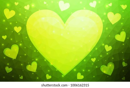 Light Green vector greeting Card Happy Valentine's Day. Lettering with hearts on the white polygonal background. Colored triangular illustration for your business.