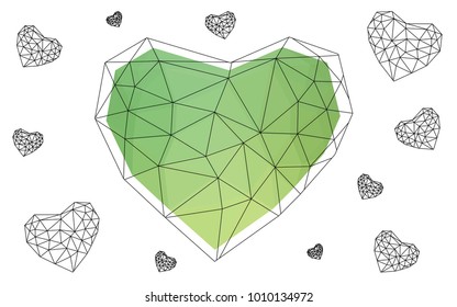 Light Green vector greeting Card Happy Valentine's Day. Lettering with hearts on the white polygonal background. Colored triangular illustration for your business.