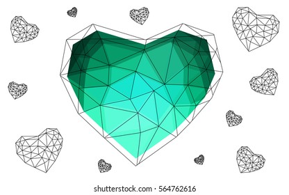 Light Green vector greeting Card Happy Valentine's Day. Lettering with hearts on the white polygonal background. Colored triangular illustration for your business.