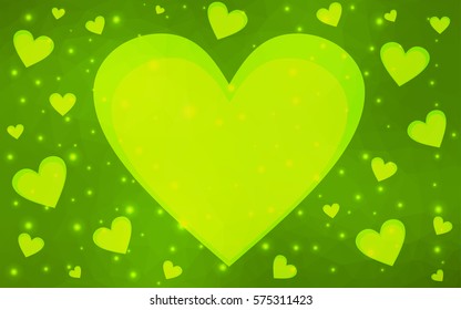 Light Green vector greeting Card Happy Valentine's Day. Lettering with hearts on the white polygonal background. Colored triangular illustration for your business.