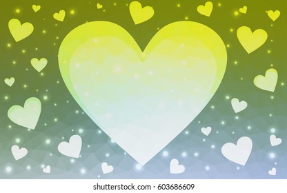 Light Green vector greeting Card Happy Valentine's Day. Lettering with hearts on the white polygonal background. Colored triangular illustration for your business.