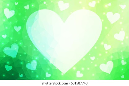 Light green vector greeting Card Happy Valentine's Day. Lettering with hearts on the white polygonal background. Colored triangular illustration for your business.