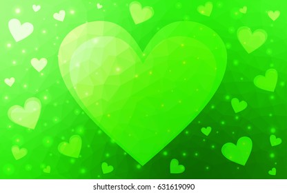 Light Green vector greeting Card Happy Valentine's Day. Lettering with hearts on the white polygonal background. Colored triangular illustration for your business.