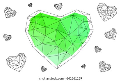 Light Green vector greeting Card Happy Valentine's Day. Lettering with hearts on the white polygonal background. Colored triangular illustration for your business.
