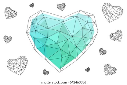 Light Green vector greeting Card Happy Valentine's Day. Lettering with hearts on the white polygonal background. Colored triangular illustration for your business.