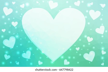 Light Green vector greeting Card Happy Valentine's Day. Lettering with hearts on the white polygonal background. Colored triangular illustration for your business.