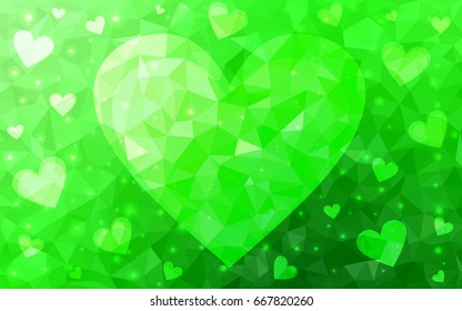 Light Green vector greeting Card Happy Valentine's Day. Lettering with hearts on the white polygonal background. Colored triangular illustration for your business.