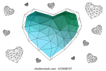 Light Green vector greeting Card Happy Valentine's Day. Lettering with hearts on the white polygonal background. Colored triangular illustration for your business.