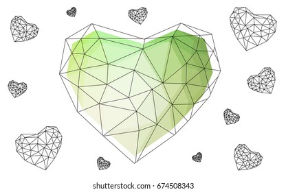 Light Green vector greeting Card Happy Valentine's Day. Lettering with hearts on the white polygonal background. Colored triangular illustration for your business.