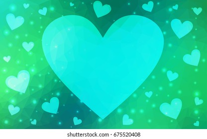 Light Green vector greeting Card Happy Valentine's Day. Lettering with hearts on the white polygonal background. Colored triangular illustration for your business.