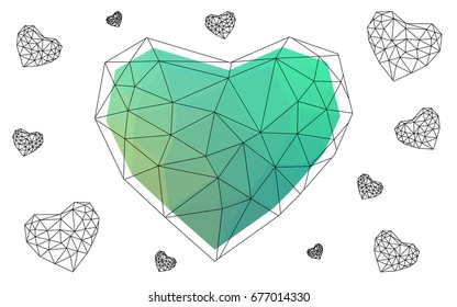 Light Green vector greeting Card Happy Valentine's Day. Lettering with hearts on the white polygonal background. Colored triangular illustration for your business.