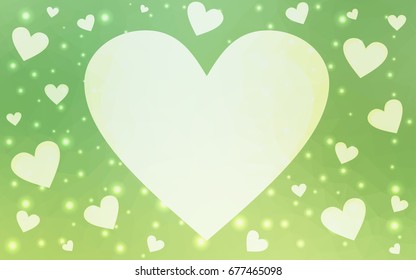 Light Green vector greeting Card Happy Valentine's Day. Lettering with hearts on the white polygonal background. Colored triangular illustration for your business.