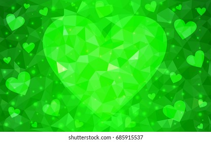 Light Green vector greeting Card Happy Valentine's Day. Lettering with hearts on the white polygonal background. Colored triangular illustration for your business.
