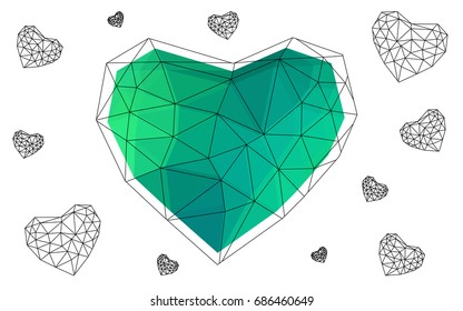 Light Green vector greeting Card Happy Valentine's Day. Lettering with hearts on the white polygonal background. Colored triangular illustration for your business.