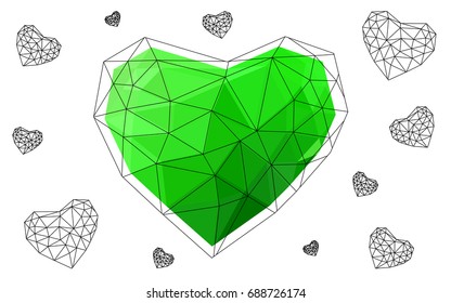 Light Green vector greeting Card Happy Valentine's Day. Lettering with hearts on the white polygonal background. Colored triangular illustration for your business.