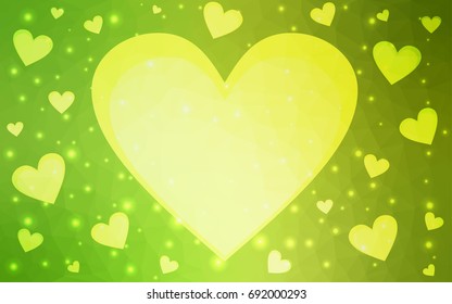 Light Green vector greeting Card Happy Valentine's Day. Lettering with hearts on the white polygonal background. Colored triangular illustration for your business.
