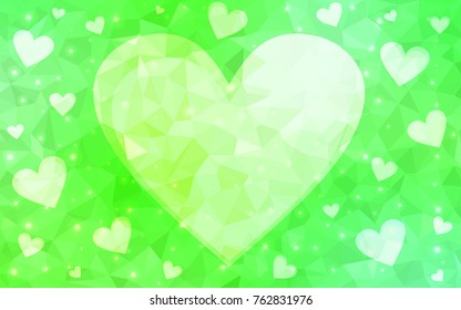 Light Green vector greeting Card Happy Valentine's Day. Lettering with hearts on the white polygonal background. Colored triangular illustration for your business.