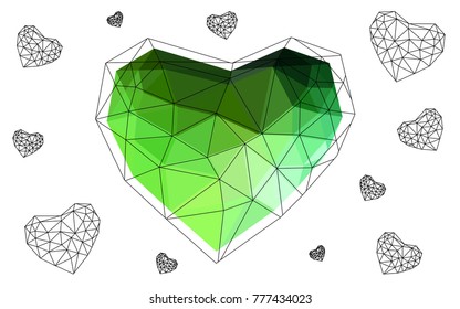 Light Green vector greeting Card Happy Valentine's Day. Lettering with hearts on the white polygonal background. Colored triangular illustration for your business.