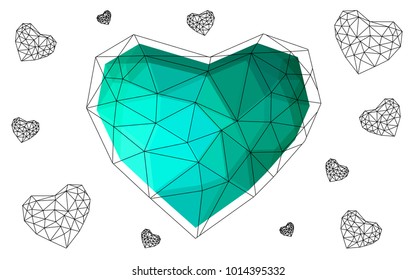Light Green vector heart isolated on white background. Geometric rumpled triangular low poly origami style gradient graphic illustration. Polygonal design for your business.