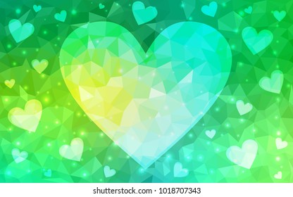 Light Green vector heart isolated on white background. Geometric rumpled triangular low poly origami style gradient graphic illustration. Polygonal design for your business.