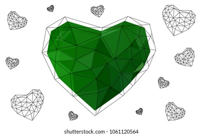 Light Green vector heart isolated on white background. Geometric rumpled triangular low poly origami style gradient graphic illustration. Polygonal design for your business.