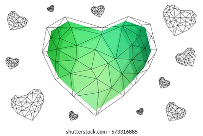 Light Green vector heart isolated on white background. Geometric rumpled triangular low poly origami style gradient graphic illustration. Polygonal design for your business.