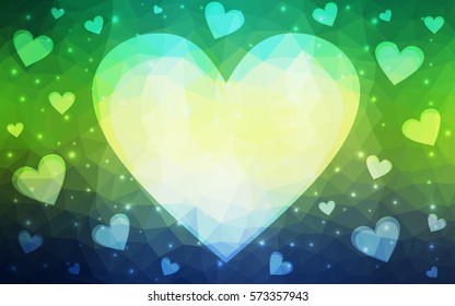 Light Green vector heart isolated on white background. Geometric rumpled triangular low poly origami style gradient graphic illustration. Polygonal design for your business.