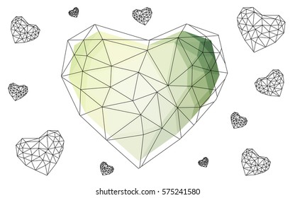 Light Green vector heart isolated on white background. Geometric rumpled triangular low poly origami style gradient graphic illustration. Polygonal design for your business.