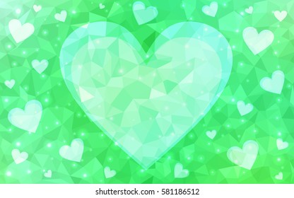 Light green vector heart isolated on white background. Geometric rumpled triangular low poly origami style gradient graphic illustration. Polygonal design for your business.