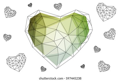 Light Green vector heart isolated on white background. Geometric rumpled triangular low poly origami style gradient graphic illustration. Polygonal design for your business.