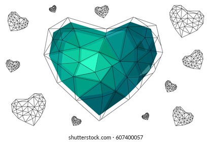 Light Green vector heart isolated on white background. Geometric rumpled triangular low poly origami style gradient graphic illustration. Polygonal design for your business.