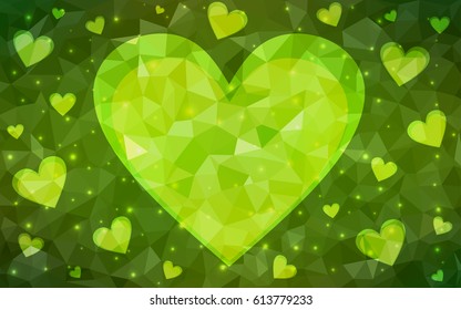 Light green vector heart isolated on white background. Geometric rumpled triangular low poly origami style gradient graphic illustration. Polygonal design for your business.