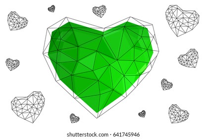 Light Green vector heart isolated on white background. Geometric rumpled triangular low poly origami style gradient graphic illustration. Polygonal design for your business.
