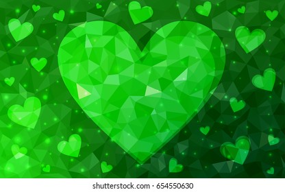 Light Green vector heart isolated on white background. Geometric rumpled triangular low poly origami style gradient graphic illustration. Polygonal design for your business.