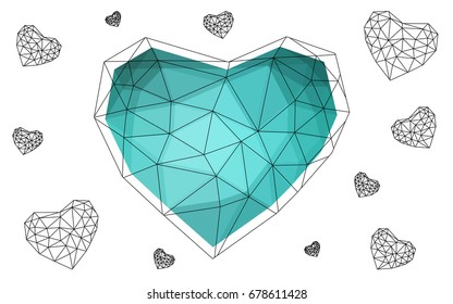 Light Green vector heart isolated on white background. Geometric rumpled triangular low poly origami style gradient graphic illustration. Polygonal design for your business.
