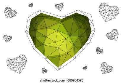 Light Green vector heart isolated on white background. Geometric rumpled triangular low poly origami style gradient graphic illustration. Polygonal design for your business.
