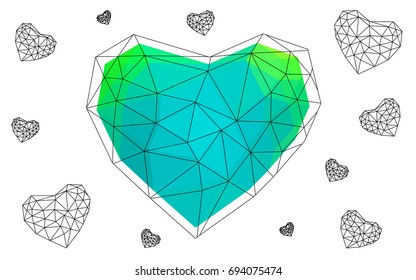 Light Green vector heart isolated on white background. Geometric rumpled triangular low poly origami style gradient graphic illustration. Polygonal design for your business.