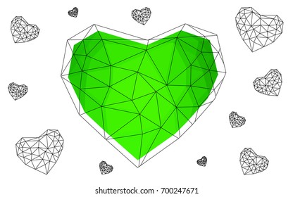Light Green vector heart isolated on white background. Geometric rumpled triangular low poly origami style gradient graphic illustration. Polygonal design for your business.