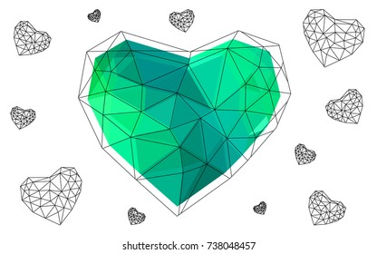 Light Green vector heart isolated on white background. Geometric rumpled triangular low poly origami style gradient graphic illustration. Polygonal design for your business.