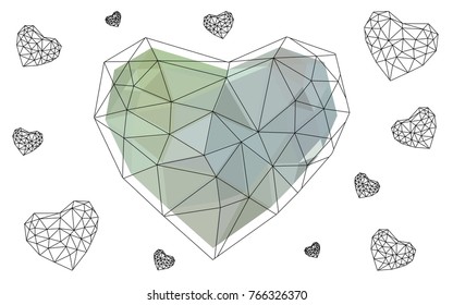 Light Green vector heart isolated on white background. Geometric rumpled triangular low poly origami style gradient graphic illustration. Polygonal design for your business.