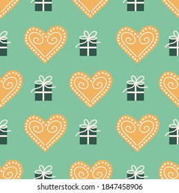 Galletas de vacaciones vectoriales de color verde claro y regalos sin fisuras de fondo de patrón. Perfecto para los proyectos de tela, scrapbooking y papel de fiesta.