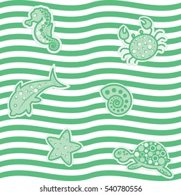 Light green vector image on the theme of the sea and ocean. Seamless pattern for web, textile includes shirts. Shapes of turtle, starfish, shell, dolphin, crab, seahorse. Patches, badges, stickers