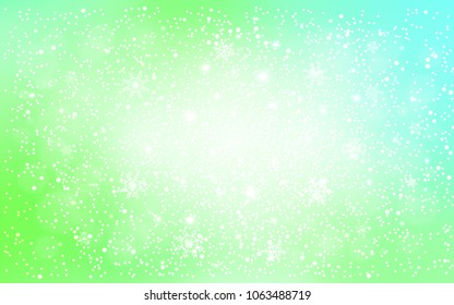 Light Green vector layout with bright snowflakes. Decorative shining illustration with snow on abstract template. The pattern can be used for new year leaflets.